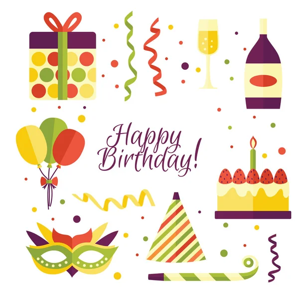 Cartoon set of birthday party items, decorations — Stock Vector