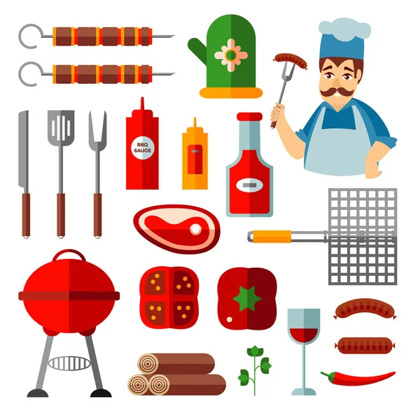 Zestaw ikon płaskie, Grill, Grill obiektów, kucharz — Wektor stockowy