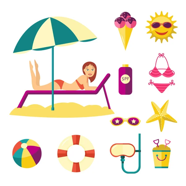 Vektor plochá letní dovolené lidé a symboly — Stockový vektor