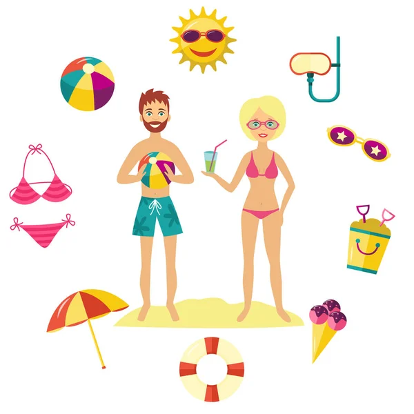 Vector flat summer holiday people and symbols set. — Stock Vector