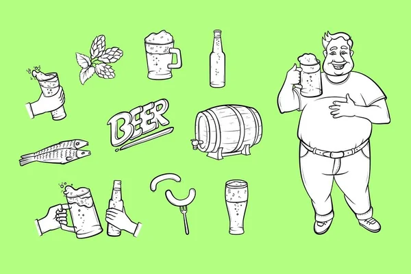 Vetor desenhos animados símbolos de cerveja ícone conjunto monocromático —  Vetores de Stock