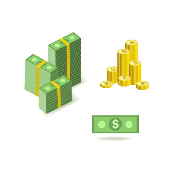 Conjunto de imágenes de moneda de dibujos animados de billetes de papel de dólar verde y monedas de oro . — Vector de stock