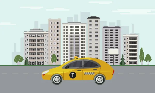 高層ビルと街並みの背景に道路上の黄色のタクシー車で街のスカイライン. — ストックベクタ