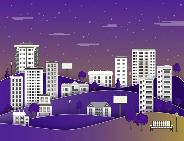 城市风景在晚上与多层公寓房子和办公室大厦, 公共公园. — 图库矢量图片