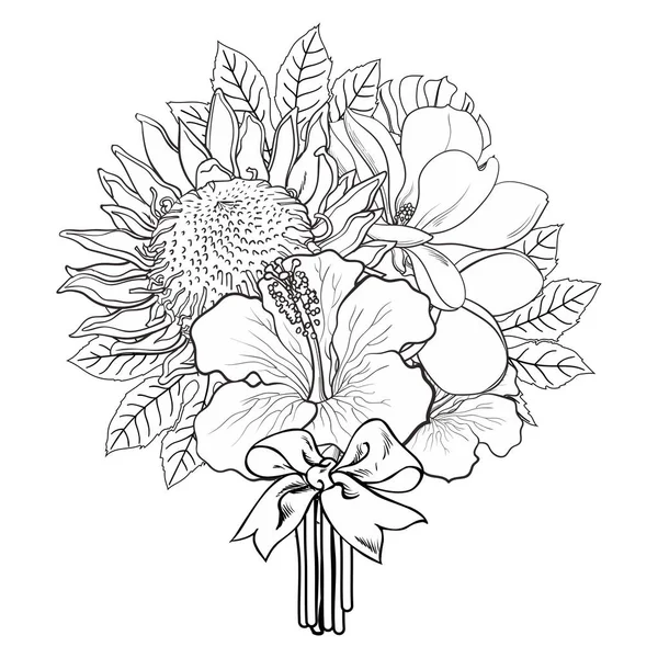Тропічні квіти і пальмове листя в букеті з бантом в стилі ескізу ізольовані на білому тлі — стоковий вектор