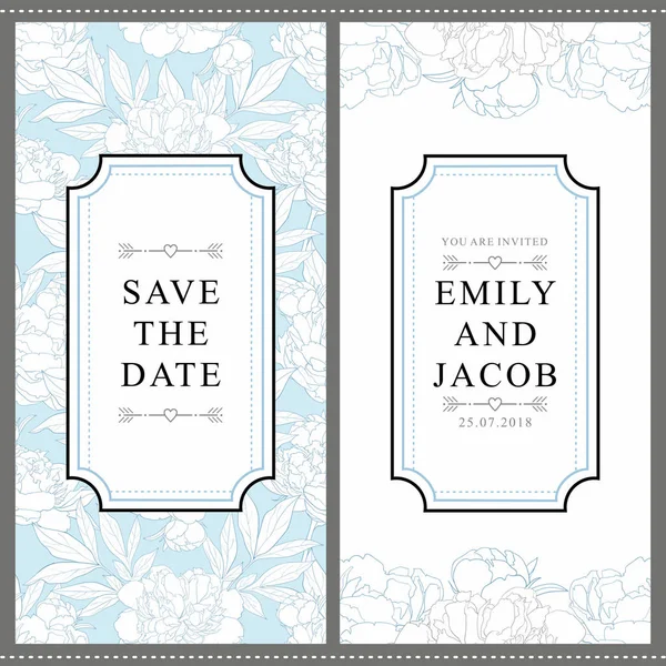 Cartão de convite de casamento com mão macia peônias desenhadas em cores azul e branco macio . — Vetor de Stock