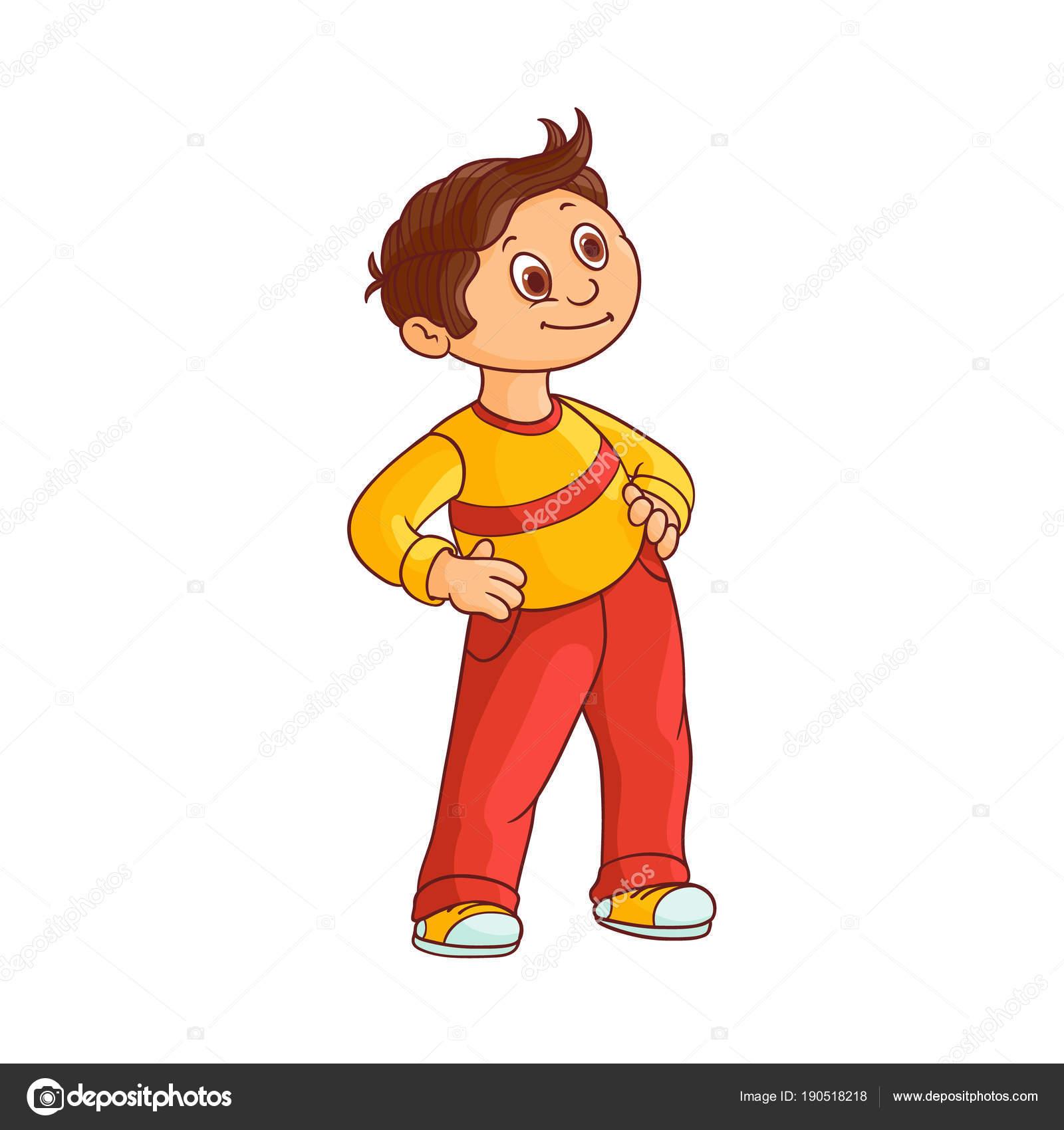 Smiling little boy with brown hair stands with hands on waist and looks forward with curiosity. Stock Vector Image by ©Sabelskaya #190518218 Smiling little boy with brown hair stands with hands on waist and looks forward with curiosity. Stock Vector Image by ©Sabelskaya #190518218