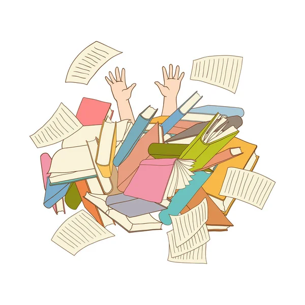 Vector homem plana mãos saindo livros pilha heap —  Vetores de Stock
