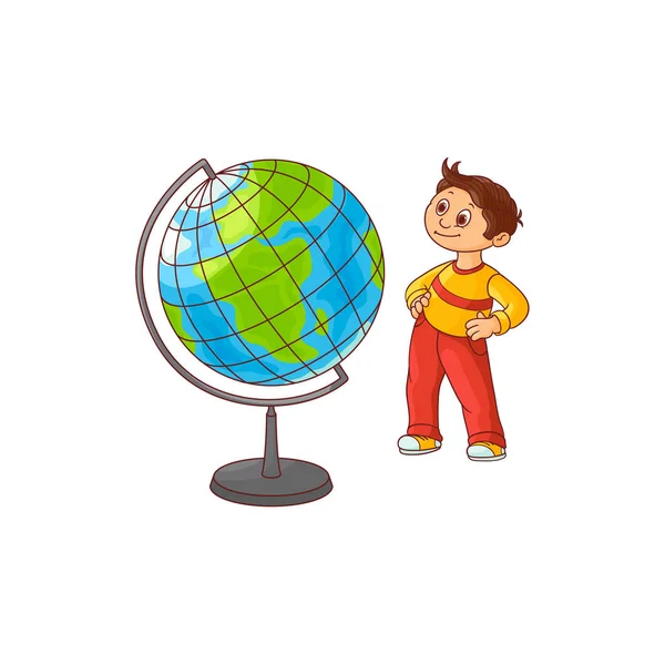 Шкільний хлопчик з картою сфери земної кулі ізольовано на білому тлі . — стоковий вектор