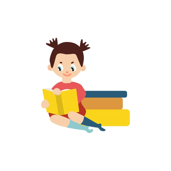 Vector chica plana lectura libro sentado pila de libros — Vector de stock