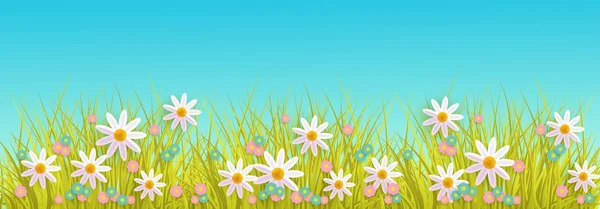 Frühling Gras und Blumen Rand auf blauem Himmel Hintergrund mit Kopierraum. — Stockvektor