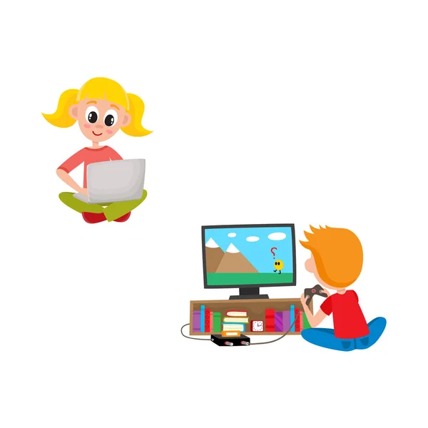 Los niños con el sistema de tecnologías - niña sentada con el ordenador portátil y el niño jugando juego de consola de TV . — Vector de stock