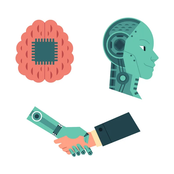 Conjunto de imágenes de inteligencia artificial de apretón de manos de manos humanas y robots y cabeza de máquina y cerebro . — Vector de stock