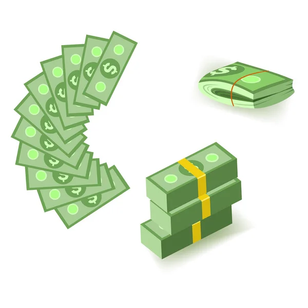 Conjunto de elementos monetários dos desenhos animados com pacotes e fã de notas de papel de dólar verde . —  Vetores de Stock