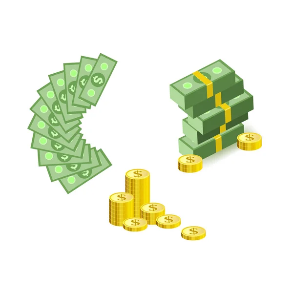 Conjunto de elementos monetários dos desenhos animados com notas de papel de dólar verde e moedas de ouro —  Vetores de Stock
