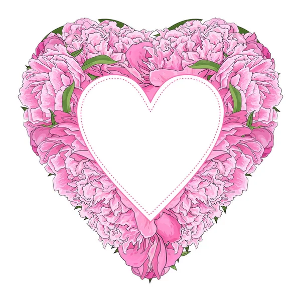 Ramo de peonía rosa en forma de corazón con etiqueta engomada en la parte superior - espacio de copia aislado sobre fondo blanco . — Archivo Imágenes Vectoriales