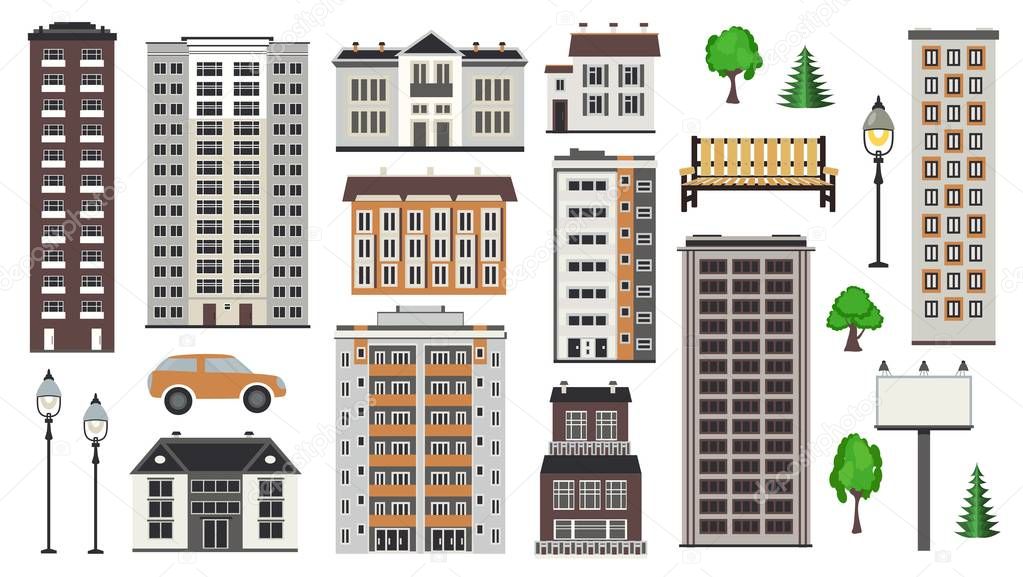 Various city elements of multistorey buildings and municipal structures, park and transport.