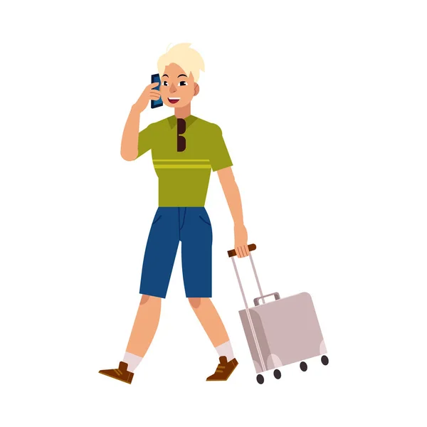 Vector homem plano turista com mala de viagem saco — Vetor de Stock