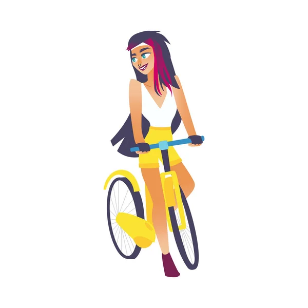 Radfahren junge Mädchen mit langen Haaren isoliert auf weißem Hintergrund. — Stockvektor