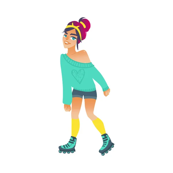 Mujer joven patinaje sobre fondo blanco aislado - chica de dibujos animados patinaje para la recreación activa de verano . — Vector de stock