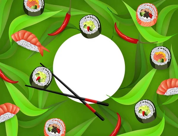 Sushi banner met broodjes, eetstokjes, nigiri ebi de garnalen en chili peper geïsoleerd op groene achtergrond. — Stockvector