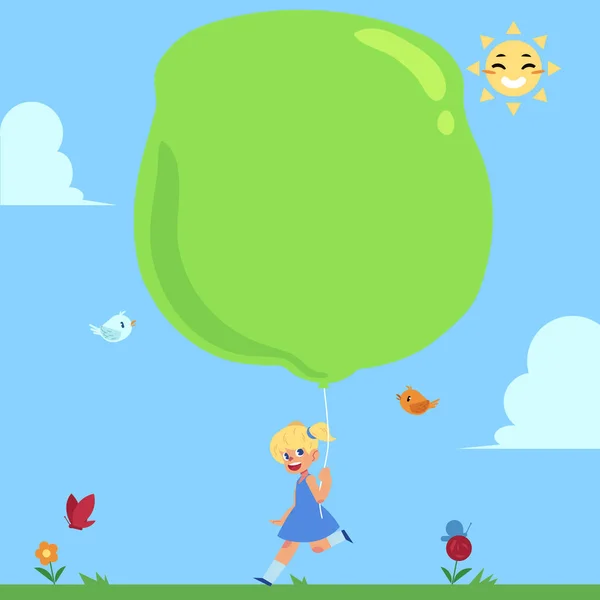 Glückliches Mädchen rennt nach draußen, großen Luftballon in der Hand — Stockvektor