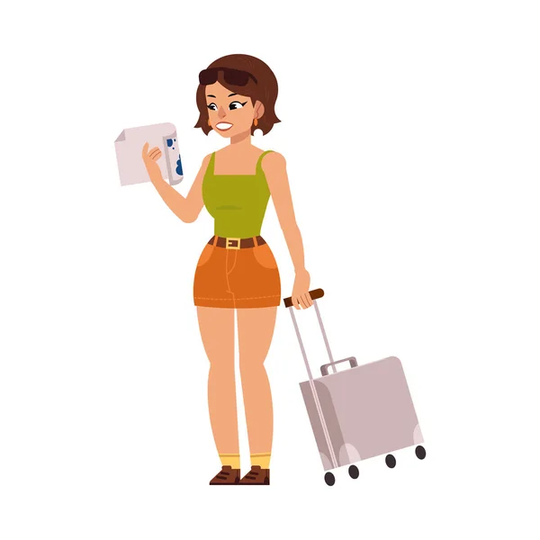 Vector mulher plana turista com mala de viagem saco — Vetor de Stock
