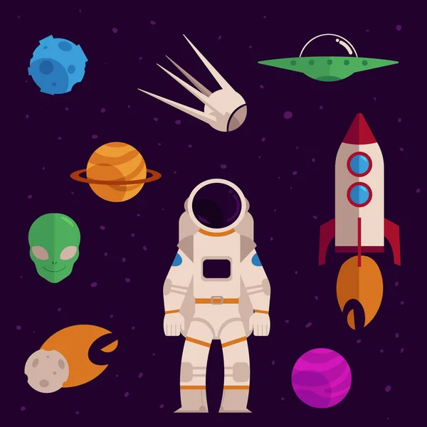 Espacio plano vectorial, conjunto de iconos de objetos cosmos — Vector de stock