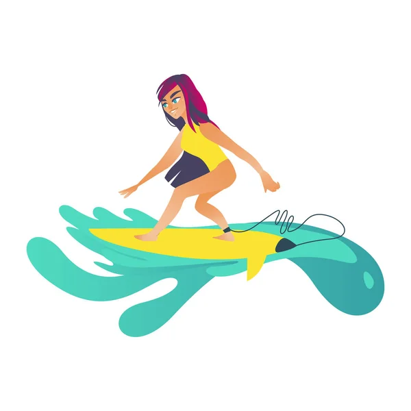 ग्रीष्मकालीन समुद्र और महासागर गतिविधि सफेद पृष्ठभूमि पर अलग सर्फबोर्ड पर तैराकी की लहर में सवार एक युवा लड़की . — स्टॉक वेक्टर