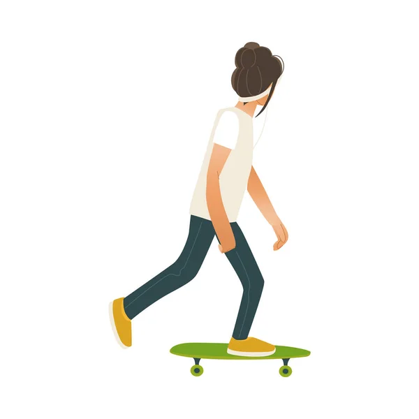 젊은 남자 스케이트 보드 스케이트 longboard에 검은 머리와 남자 만화-흰색 배경에 고립. — 스톡 벡터