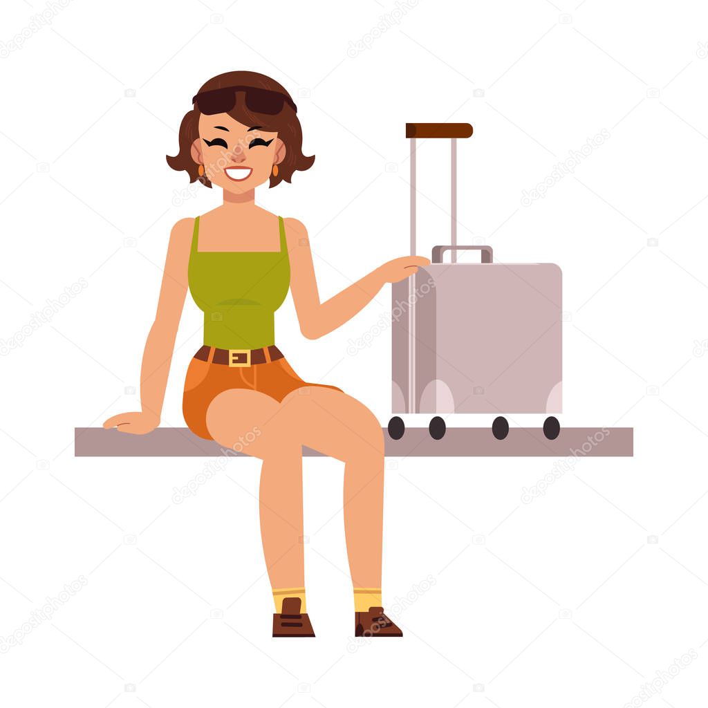 Vector flat woman tourist with travel bag suitcase