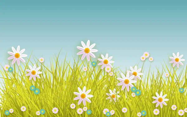Vetor Páscoa fundo com flores, grama — Vetor de Stock