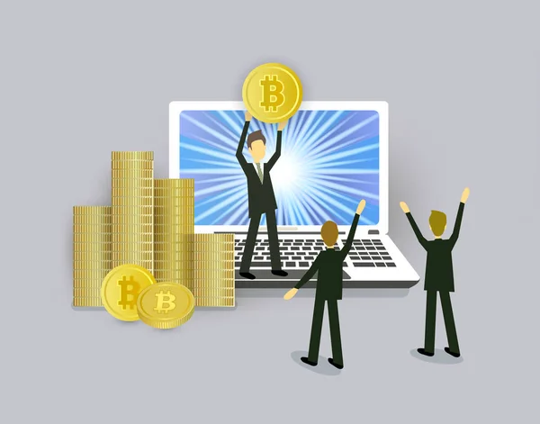 Affärsmän, laptop och travar av bitcoin mynt — Stock vektor
