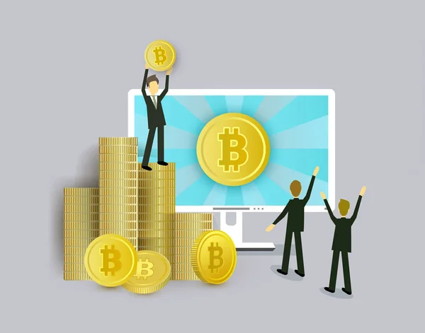 Geschäftsleute, Computer und Stapel von Bitcoin-Münzen — Stockvektor