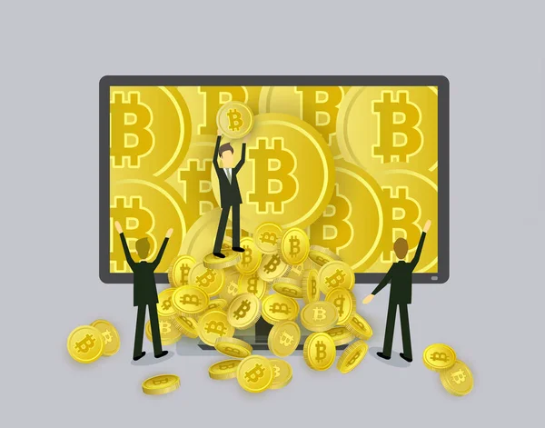 Affärsmän och bitcoins faller ur datorn — Stock vektor