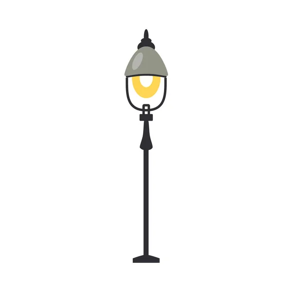 Farol de calle con una lámpara encendida en diseño plano aislado sobre fondo blanco . — Vector de stock