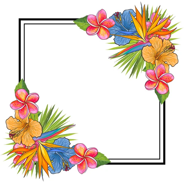 Tropische bloemen en palm vertrekt boeket elementen hoeken van vierkante vorm met kopie ruimte. — Stockvector