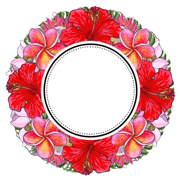 Flores tropicales y hojas de palma en composición floral en forma redonda con pegatina en la parte superior . — Vector de stock