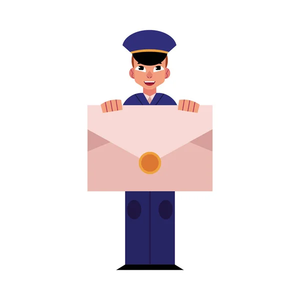 Молодой почтальон в синей форме держит большой конверт перед грудью изолированный на белом фоне. . — стоковый вектор