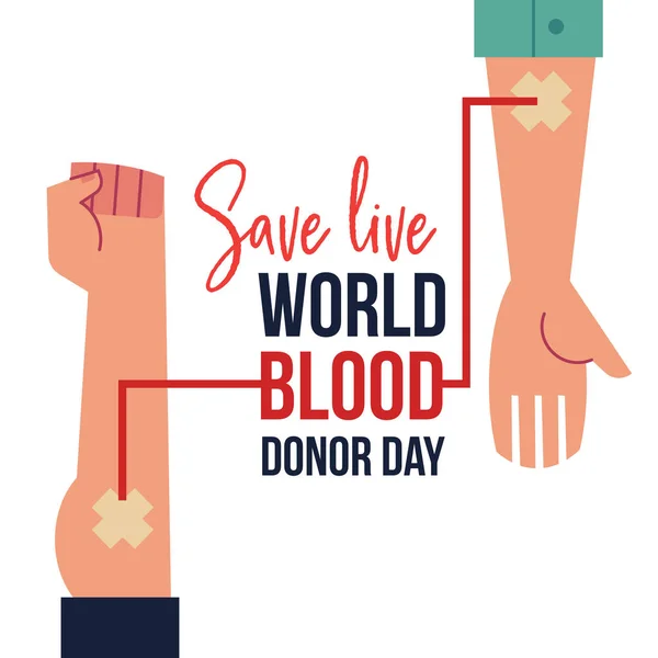 Bloed donatie dag banner met handen tijdens bloedtransfusie en teken geïsoleerd op witte achtergrond. — Stockvector