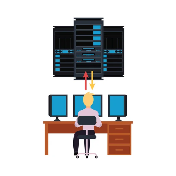 Serverruimte en het ingenieur werkende pc afbeelding met data center opslag en jonge systeembeheerder — Stockvector