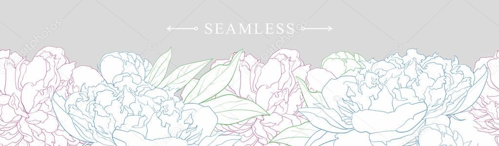 Elegant white peonies with colorful pathes border seamless pattern.