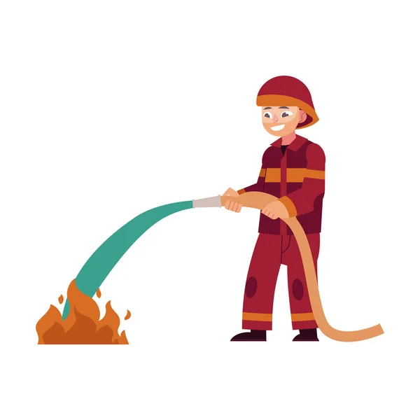 Strażak w czerwony ochronny jednolite i kask stoi gospodarstwie węża i gaszenia ognia z wodą. — Wektor stockowy