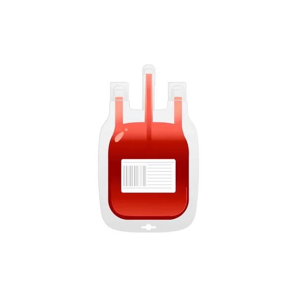 Red plastic blood bag with label icon - giving blood charity element isolated on white background. — Stock Vector