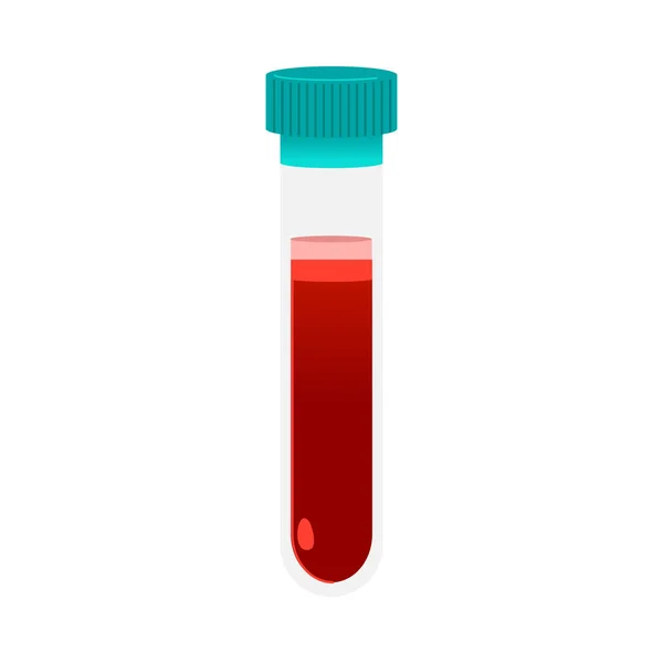 Sangue vermelho no tubo de teste de vidro com ícone de boné isolado no fundo branco, vacutainer desenhos animados . — Vetor de Stock