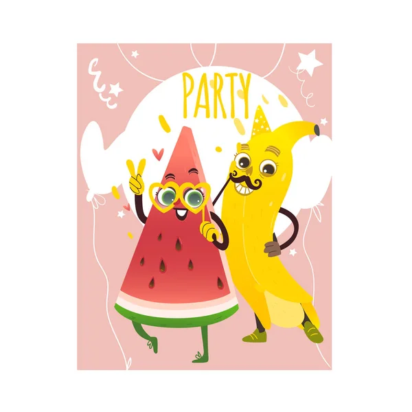 Vector seriefiguren vattenmelon banana party — Stock vektor