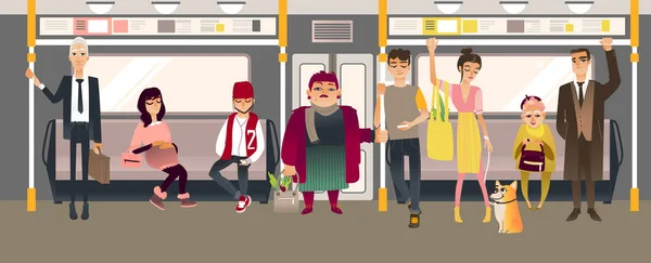 Ludzi w metrze wewnątrz pociągu, siedząc, stojąc i trzymając się poręczy podczas jazdy w podziemnych wagonów kolejowych. — Wektor stockowy