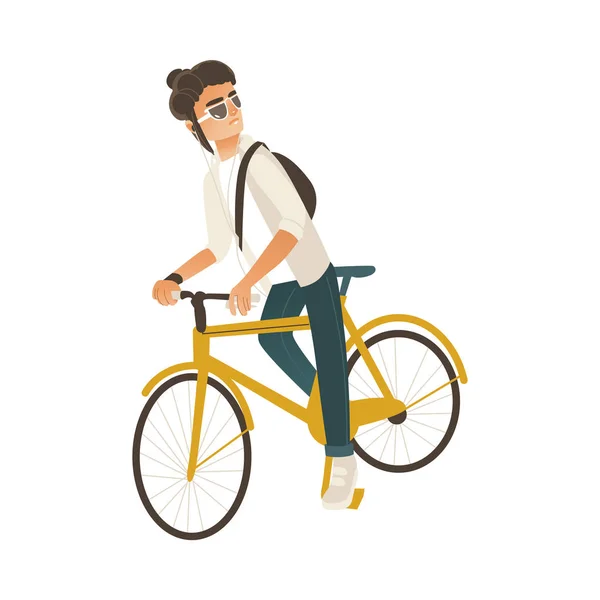 Cycling young man with dark hair isolated on white background. — Stock Vector