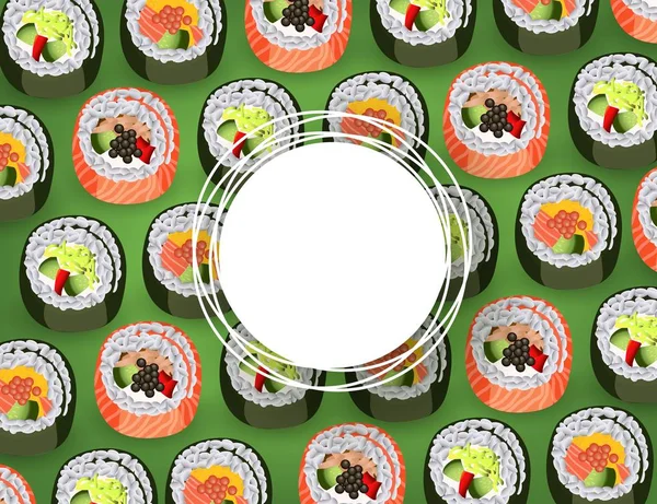 Sushi banner with fresh rolls pattern on green background and white round sticker with empty space for text. — Stock Vector