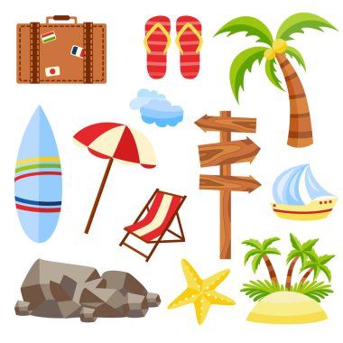 Vektör düz seyahat eden beach tatil sembolleri simgesi